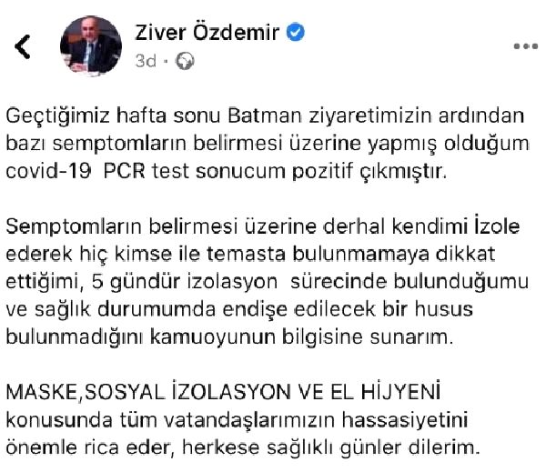 AK Parti Batman Milletvekili Özdemir, koronavirüse yakalandı