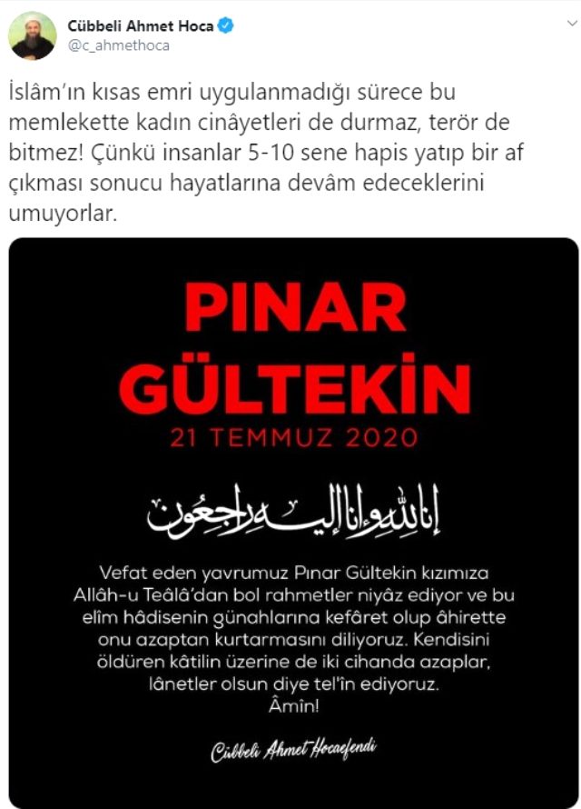 Cübbeli Ahmet'ten dikkat çeken Pınar Gültekin paylaşımı: İslam'ın kısas emri uygulanmadıkça cinayetler bitmez