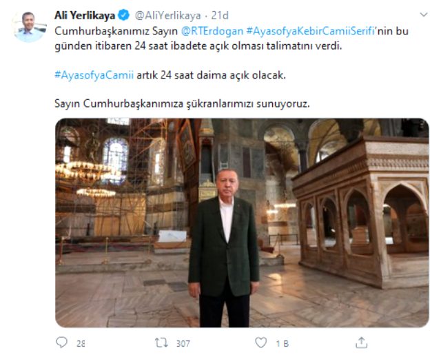 Cumhurbaşkanı Erdoğan, Ayasofya Camii'nin 24 saat açık kalması için talimat verdi
