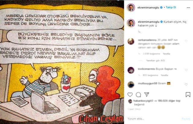 İmamoğlu, eleştirilere paylaştığı karikatürle yanıt verdi: Kurban oliyim, hiç haberim yok