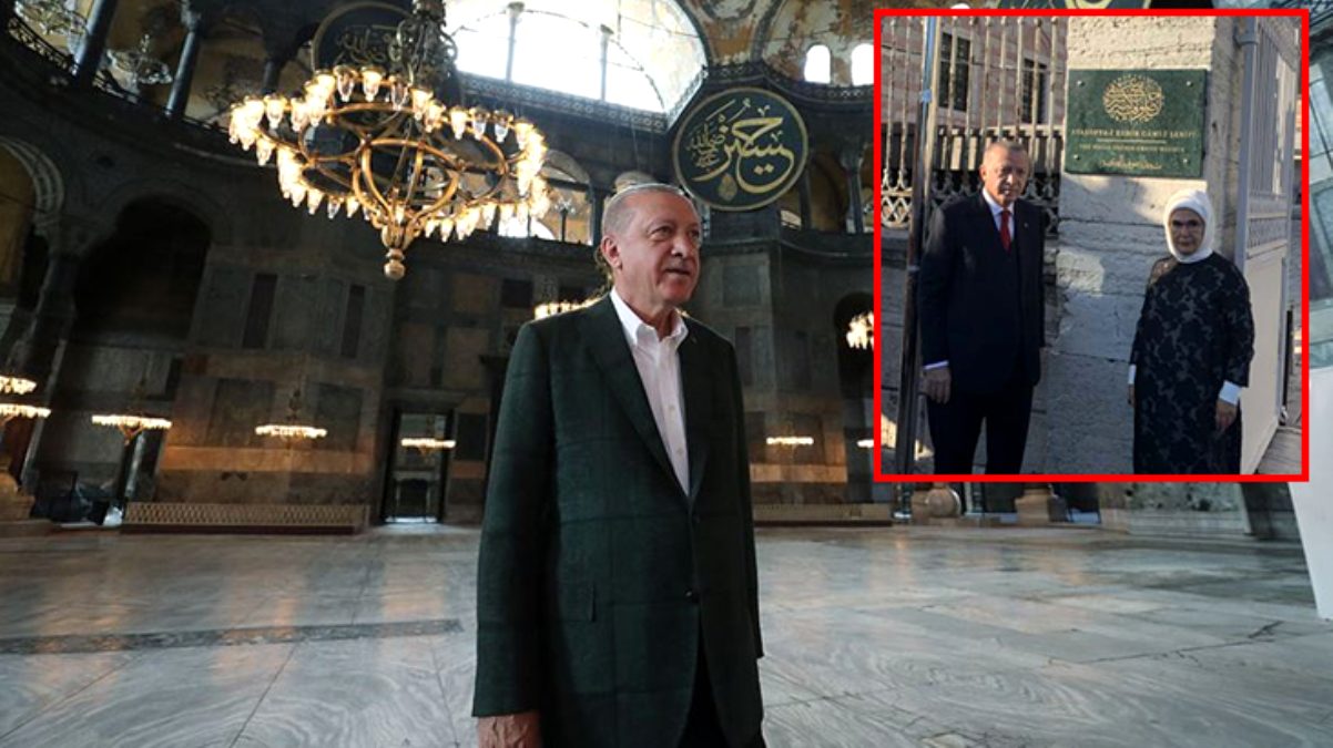 Tarihi güne saatler kala Erdoğan ve Bahçeli’den Ayasofya Camisi’ne sürpriz ziyaret! Tabela açılışı yapıldı