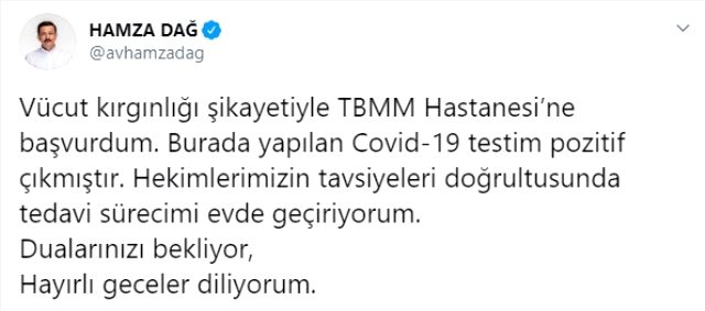 AK Parti Genel Başkan Yardımcısı Hamza Dağ'ın koronavirüs testi pozitif çıktı