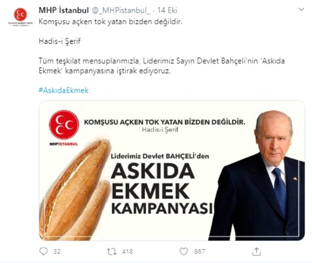 Askıda Ekmek kampanyası başlatan MHP, İstanbul'daki ekmek zammına tepki gösterdi: Komşusu açken tok yatan bizden değildir