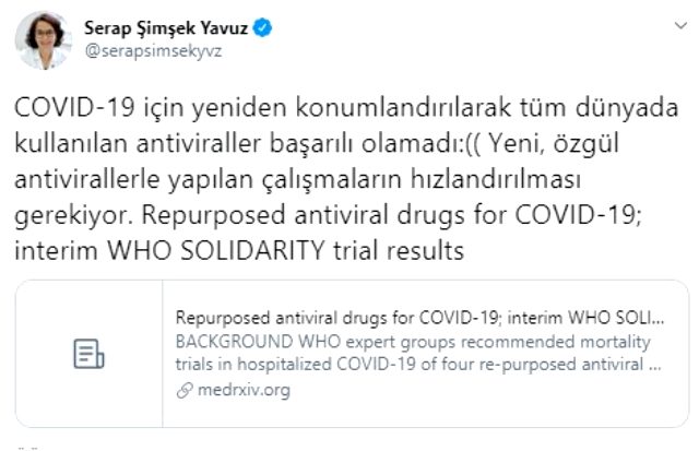 Bilim Kurulu Üyesi Prof. Dr. Serap Şimşek Yavuz: Koronavirüs tedavisinde kullanılan antiviraller başarılı olmadı