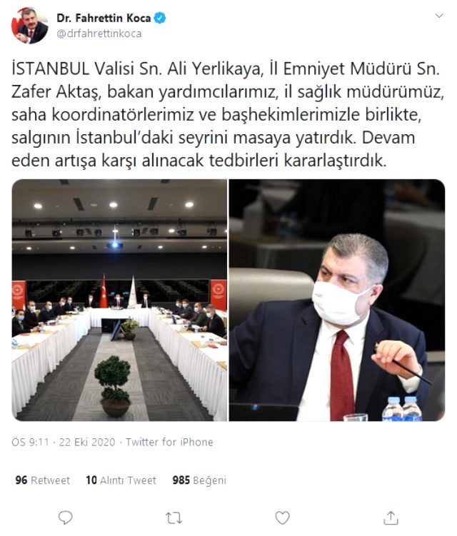 İmamoğlu, İstanbul için düzenlenen koronavirüs toplantısını Bakan Koca'nın paylaşımından öğrendi