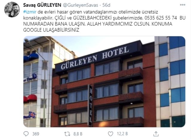 İzmir'de faaliyet gösteren bir otelin işletmecisinden örnek davranış: Depremzedeleri ücretsiz ağırlayacak
