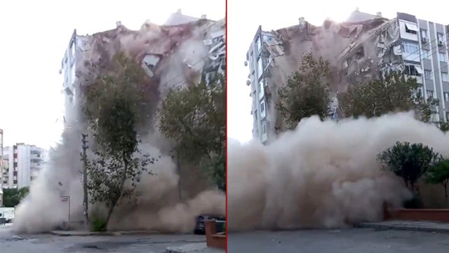 İzmir'deki depremde binanın çökme anı anbean kamerada!