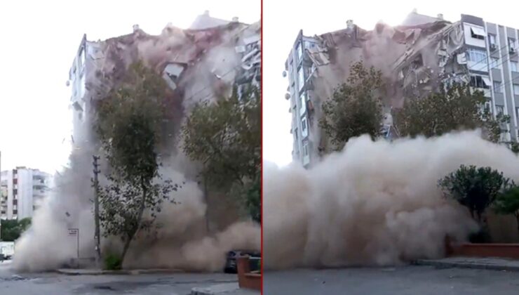 İzmir’deki depremde binanın çökme anı anbean kamerada!