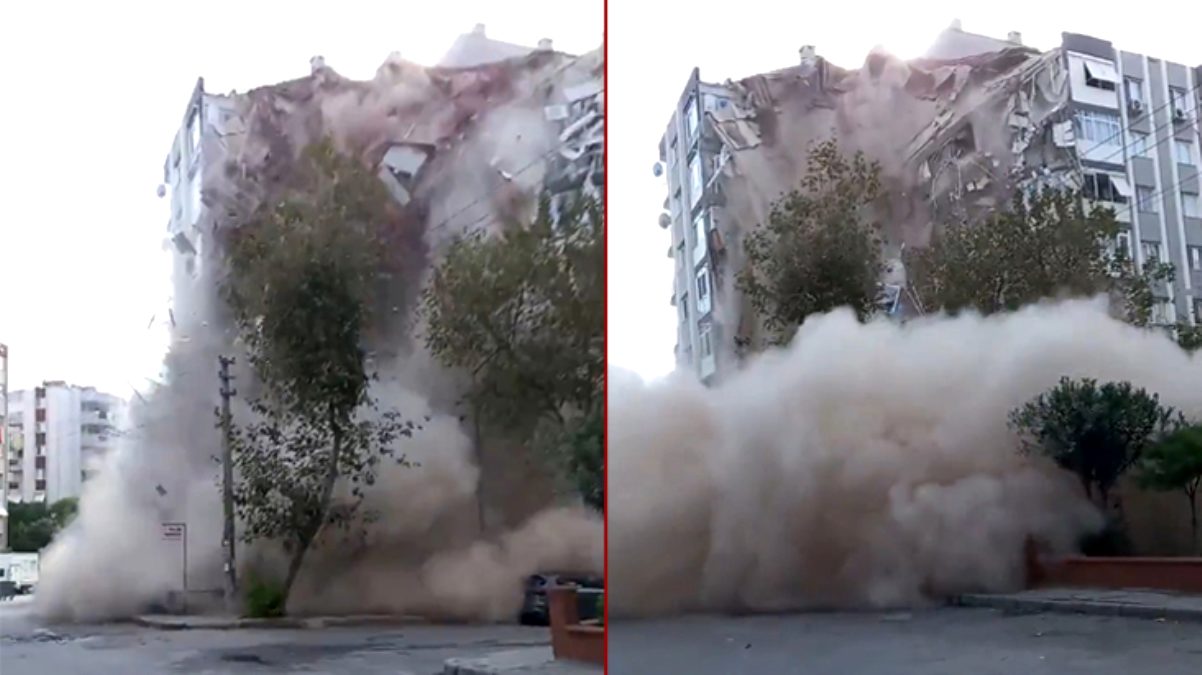 İzmir’deki depremde binanın çökme anı anbean kamerada!