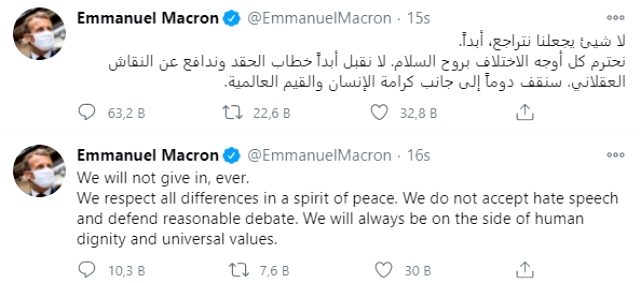 Macron, İslam'a yönelik açıklamaları sonrası başlatılan boykot üzerine 3 dilde tweet attı
