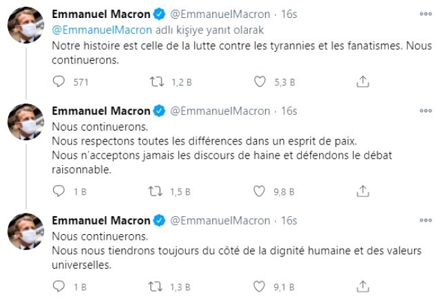 Macron, İslam'a yönelik açıklamaları sonrası başlatılan boykot üzerine 3 dilde tweet attı