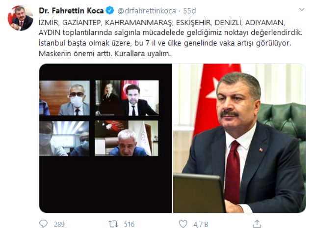 Sağlık Bakanı Koca'dan 7 kritik il için gece yarısı paylaşımı: Vakalarda artış var, kurallara uyalım